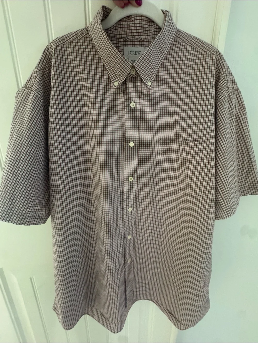 J. Crew Men’s XL Short Sleeve Button Down Shirt Red White Blue Micro-Check